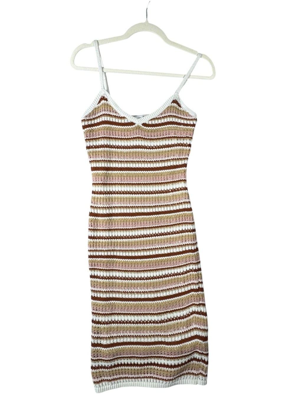 Pink Rose Striped Knit Spaghetti-Strap Mini Dress in White, Brown & Pink